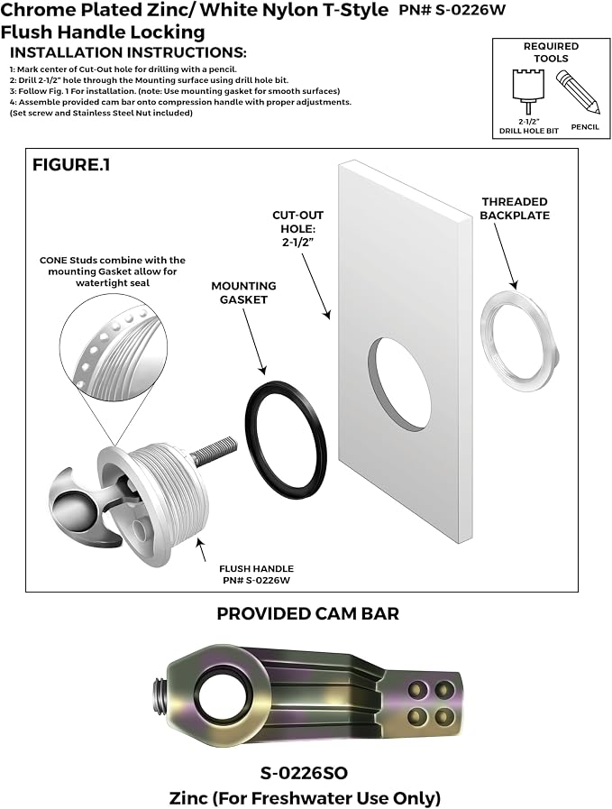 Whitecap T-Handle Latch - Chrome Plated Zamac/White Nylon - Locking - Freshwater Use Only | White nylon components, marine cabinet and furniture hardware, designed for freshwater boat use only