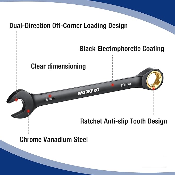 WORKPRO 9-Piece Anti-Slip Ratcheting Combination Wrench Set, Metric | 8-19 mm, 72-Teeth, Black Cr-V Wrenches Set with Roll Up Pouch, Anti-slip Wrenches for Automotive, Garage and Home Repairs