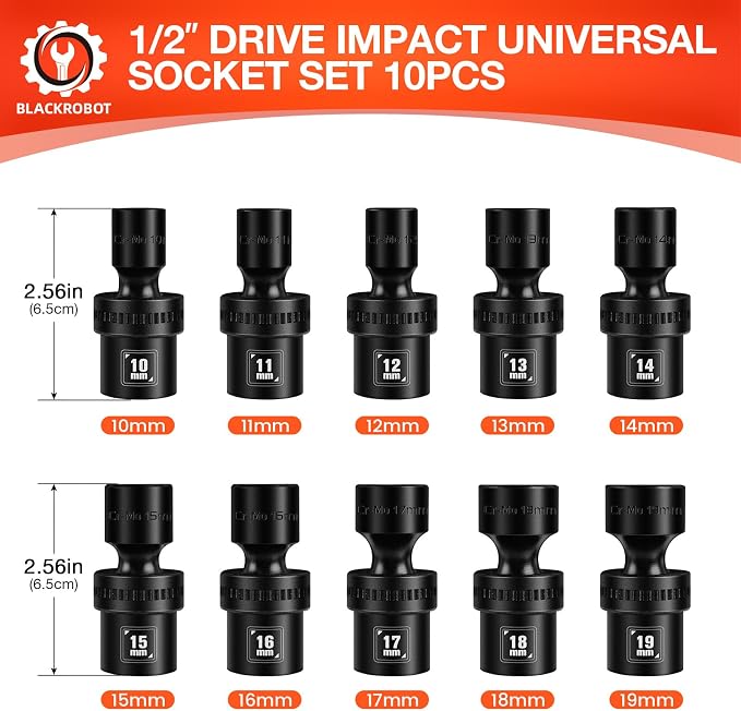 BLACKROBOT 1/2" Drive Swivel Socket Set, 10 Pieces Shallow Universal Impact Socket Set, Metric(10-19mm) Flexible Wobble Socket Set, 6 Point, CR-MO