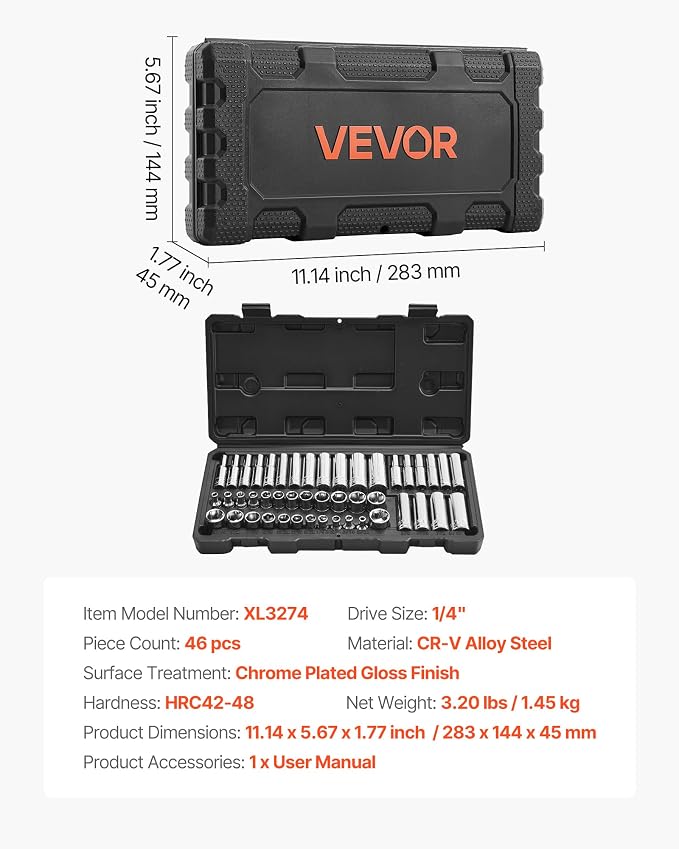 VEVOR Socket Set, 46 Pieces, 1/4 inch Drive Socket Tool Set, SAE and Metric Size, Deep and Standard, Mechanic Tool Kit with Storage Case, Chrome Plated CR-V Alloy Steel, for Automotive Repair | CR-V, SAE and Metric Size, Deep and Standard, Mechanic Too...