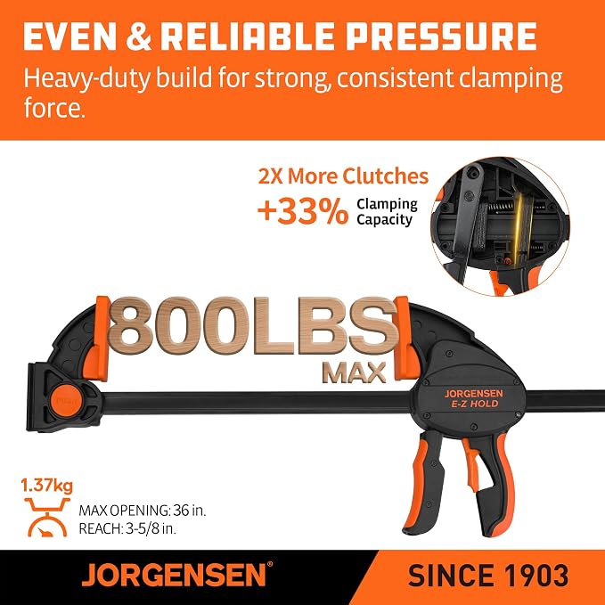 Jorgensen E-Z Hold 800LBS Heavy Duty Clamps, 36 Inch 2-Pack Expandable Clamp/Spreader, One Hand Bar Clamps, Trigger Clamp, Bar Clamps for Woodworking