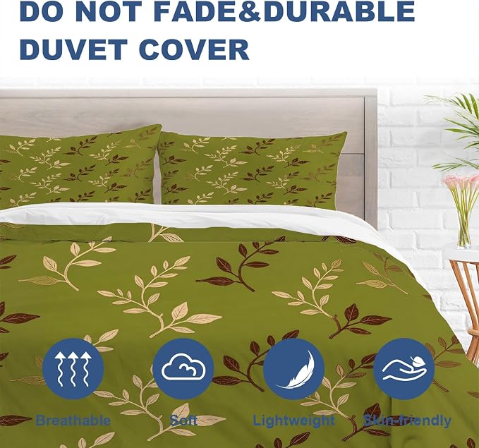 Batmerry Green Brown Leaves King Size 100% Cotton Duvet Cover Sets, Art Plant Illustration Bedding Set with Zipper Closure Corner Ties, 3 Pieces (1 Cover + 2 Pillowcases No Comforter)