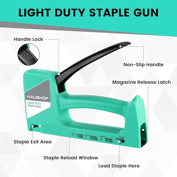 HAUSHOF Light Duty Staple Gun, Upholstery Staple Gun with 800PCS JT21 Staples and Stapler Remover, Fits JT21 Staple of 1/4'', 5/16'' & 3/8'', Used for Wood, Classroom, Crafts, DIY, Decoration (Green)