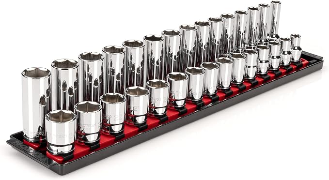 TEKTON 1/2 Inch Drive 6-Point Socket Set, 30-Piece | SHD92211 | (10 - 24 mm), Shallow and Deep, Socket Rail