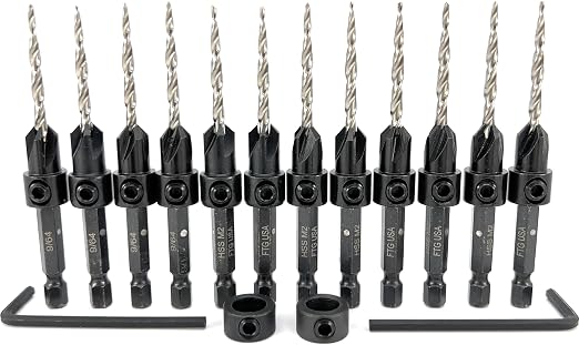 FTG USA 12 Pc #6 (9/64") Countersink Drill Bit Set with Depth Stop Collar, Hex Wrench - Tapered Drill Bits for Wood