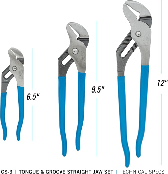 Channellock 3pc Tongue & Groove Pliers Set GS-3 - Laser Heat-Treated Teeth, High Carbon Steel - 6.5", 9.5", 12"