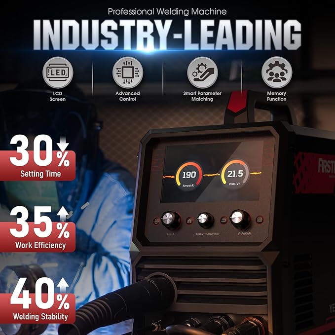 YESWELDER Firstess SP200 MIG Welder, 7-Inch LCD Screen 6-In-1 MIG/Pulsed MIG/Flux Core/Lift TIG/Stick/Spool Gun Compatible, 110V/220V Dual Voltage 200Amp Multifunctional Aluminum Welding Machine
