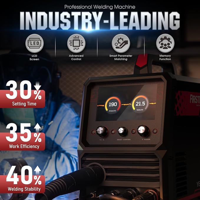 YESWELDER Firstess SP200 MIG Welder, 110V/220V 200A 6-In-1 MIG/Pulsed MIG/Flux Core/Lift TIG/Stick/Spool Gun Compatible LCD Screen Welding Machine & Welding Gloves, E71T-GS, ER70S-6 2LB .030 MIG Wire