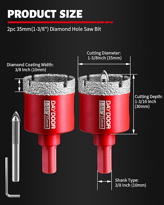 DAYDOOR 1-3/8" Diamond Hole Saw Bits with Pilot Drill Bit-2pcs 35mm Diamond Tile Hole Saw with Guiding Bit for Porcelain Tile Ceramic Pottery Granite Stone Glass Bottles(3/8" Triangle Shank)