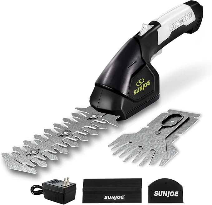 Sun Joe 2 in 1 Cordless 7.2V Handheld 4" Grass Shear and 6" Hedge Trimmer, Battery Powered, Built-in Safety Switch and Blade Safety Cover