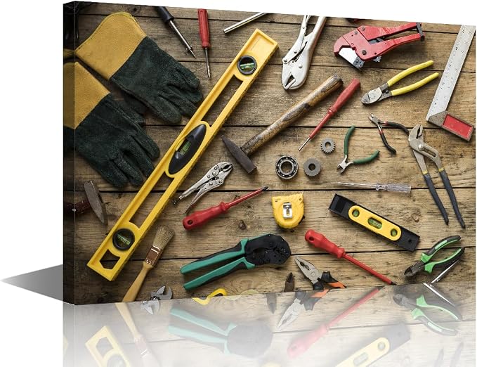 TUMOVO Wall Art for Office Wall Art Old Carpenter Tools on Wooden Background Picture, Canvas Print Artwork Poster Home Study Repair Shop Wall Decor 1 Panels ((16" Wx24 H)