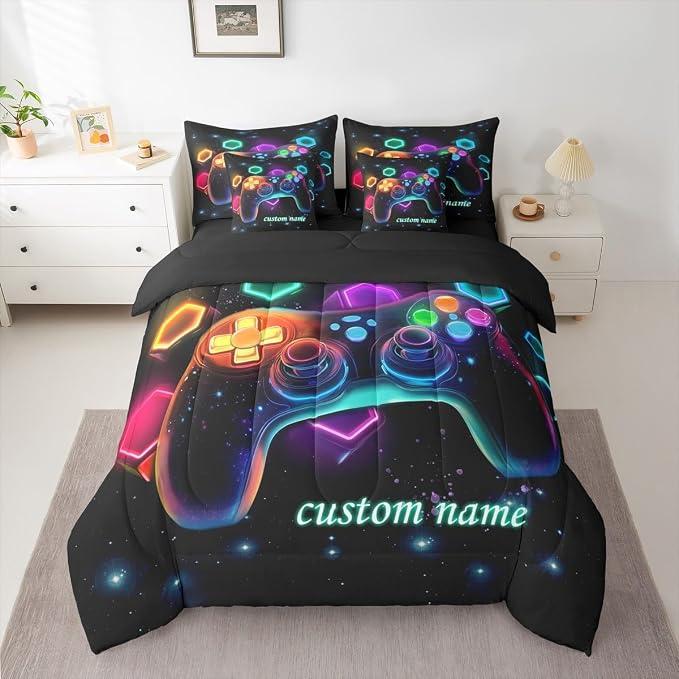 Customized Game Consoles Boys Full Size Bedding Set Bed in a Bag 7 Piece Gamer Gifts,Personalized Gaming Comforter Sets for Boys Space Glow Geometric Kids Comforter Sets Boy,Gaming Room Decor