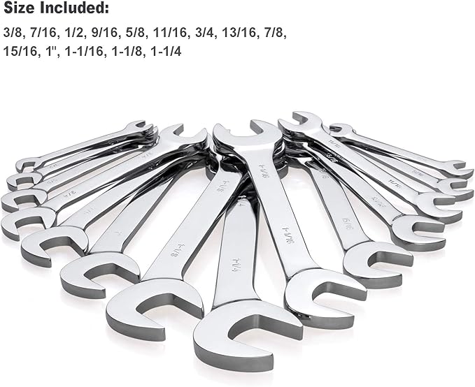 14-Piece Premium Angle Head Open End Wrench Set, Chrome Vanadium Steel | Include Standard Inch Sizes 3/8, 7/16, 1/2, 9/16, 5/8, 11/16, 3/4, 13/16, 7/8, 15/16, 1, 1-1/16, 1-1/8, 1-1/4 with Storage Rack
