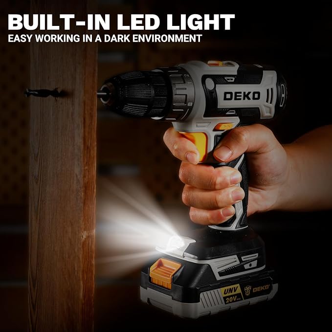 Power Drill Cordless: DEKOPRO 20V Electric Drills with 3/8-Inch Keyless Chuck, Variable Speed, Power Cordless Drill Set Tool with 2 Batteries, Charger&30 Accessories(Gray)