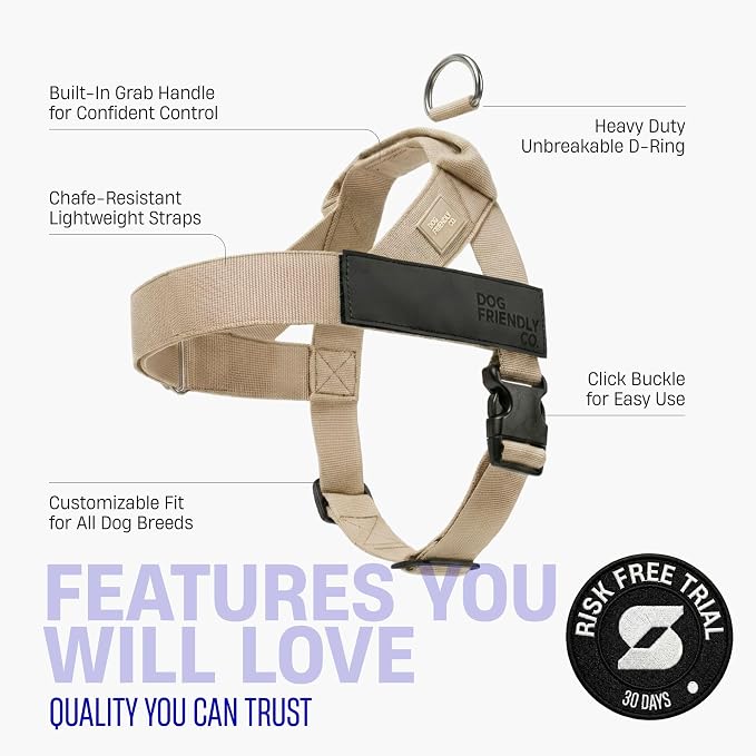 Dog Friendly Co. Dog Harness for Large Dogs (Brown, Large) | One Click Buckle, Chafe Resistant Webbing, Adjustable Neck & Chest, and Heavy Duty D-Ring, Sturdy Comfortable and Easy to Use