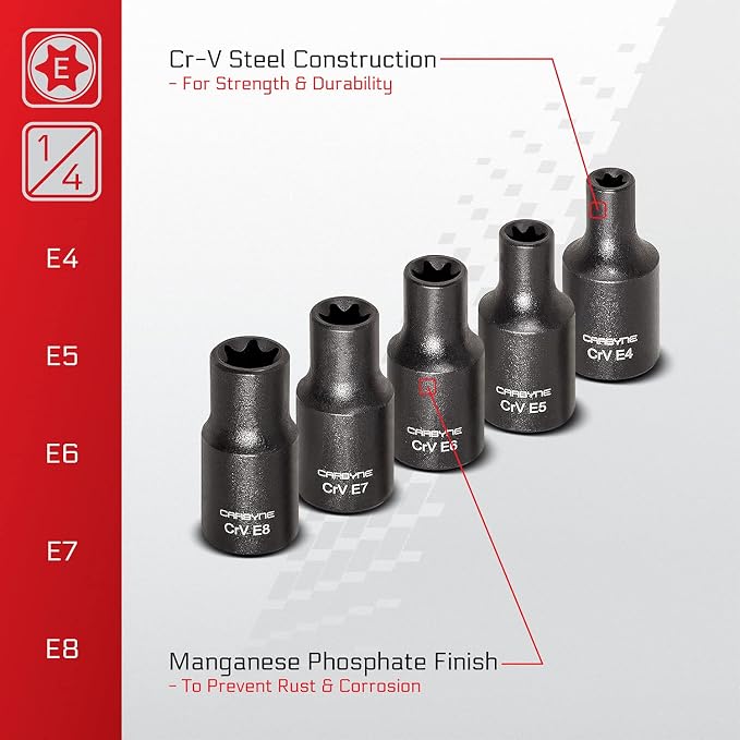 CARBYNE 13-Piece External Torx (E-Torx) Socket Set, E4 to E24, CrV Steel, Manganese Phosphate Finish, 1/4 3/8 1/2 in. Drive, Laser Etched, Socket Rail Included