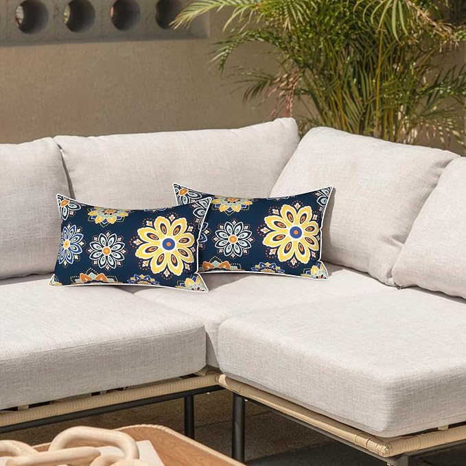 LVTXIII 2 Pack Outdoor Lumbar Pillows 12x20 Inch with White Piping, Fade Resistant Support Throw Pillows with Inserts for Patio Furniture, Sofa, Chair, Bloom Cobalt