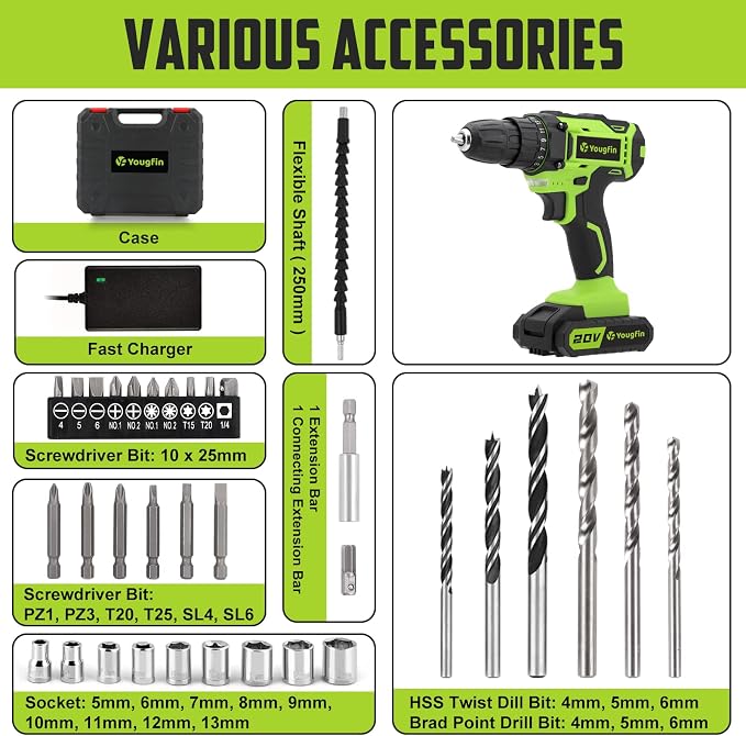 Cordless Drill Driver Set 20V Power with Battery Charger and Carrying Case, 25+1 Torque Electric Drill, Variable Speed, 266 In-lb, 3/8'' Keyless Chuck, 34pcs Driver Bit, for Women, Green