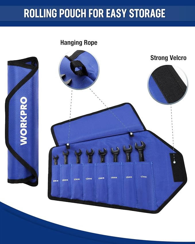 WORKPRO 8-piece Ratcheting Combination Wrench Set, Metric & Anti-Slip Tooth | Metric 8-17mm, 180° Flex-Head, 72-Tooth Cr-V Steel, Black Electrophoretic Coating with Rolling Pouch for Auto Repair & DIY