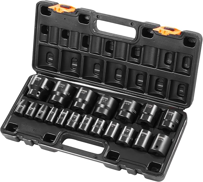 VEVOR Impact Drive Socket Set 1/2 Inches 19 Piece Impact Sockets SAE, Standard Socket Assortment, (3/8 Inches to 1-1/2 Inches) 6-point Hex Sockets