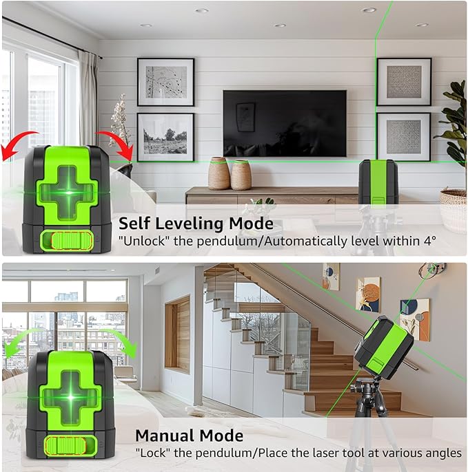 Huepar Laser Level, 100Ft Self Leveling Green Cross Line Laser for Picture Hanging, Tile, Decoration & DIY Construction – 360° Magnetic Base & AA Battery, Indoor Use