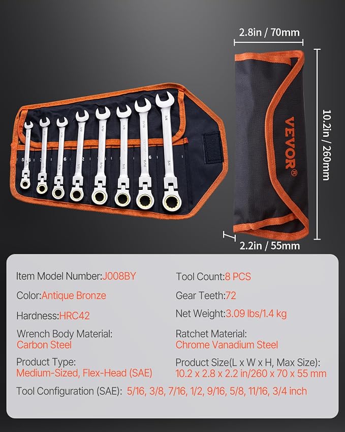 VEVOR Flex-Head Ratcheting Wrench Set, Nickel Plating, 8-piece Flexible Ratcheting Combination Wrench Set with Roll-up Pouch, CR-V, 72 Teeth, SAE 5/16-3/4"