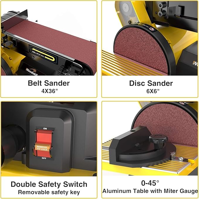 Woodskil 4.3A Belt Sander, 4 x 36 in. Belt & 6 in. Disc Sander, Double Dust Exhaust Port, Steel Base, 2Pcs Sandpapers Included