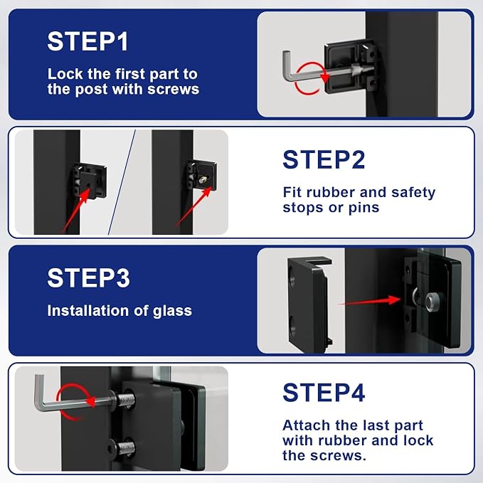 4-Pack Square Glass Clamps, 304 SS, Black, 1/3-1/2 Inch (LIUCHONGYANG99)