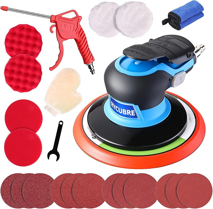 6 Inch Pneumatic air Sander Kit (with 12 Sandpapers, Polishing Pads & Accessories & A Free Air Blow Gun) – da sander for auto Body Specialized, Pneumatic Orbital Sander, Professional & DIY Compatible