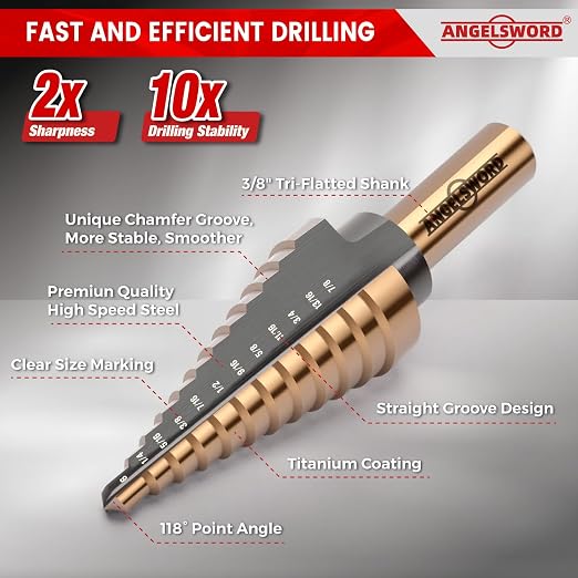 ANGELSWORD Step Drill Bits, 50 Sizes, 5PCS HSS Titanium Coated Step Drill Bit Set for Plastic, Aluminum, Copper, Sheet Metal, with Aluminum Case
