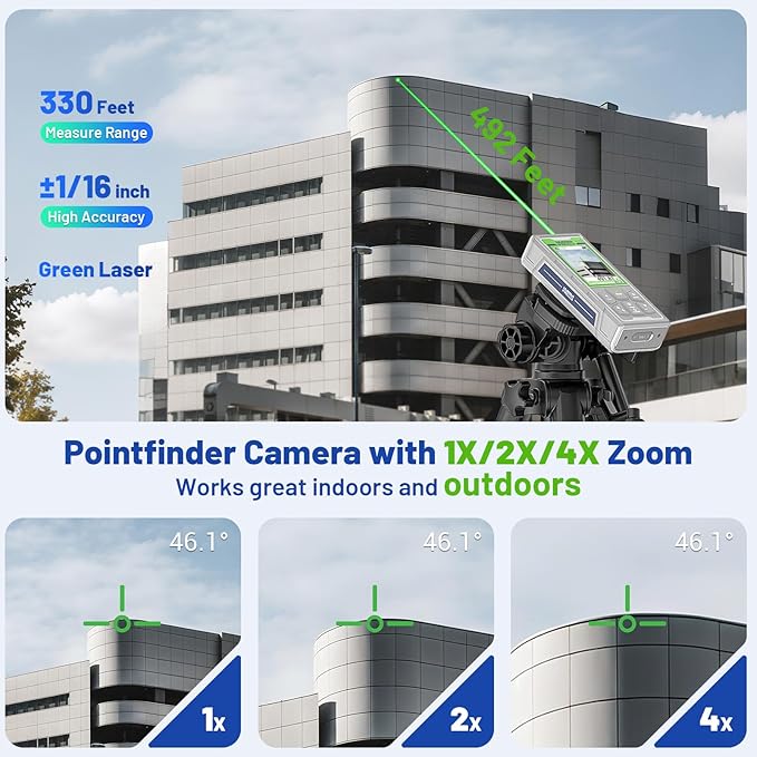 Huepar Pro Laser Measuring Tool, 330Ft Outdoor Laser Measure with Camera & Bluetooth Connected, Laser Distance Meter with P2P Technology, Free APP, IP68, Micro USB Cable, Hand Strap & Pouch -SW-100GQ