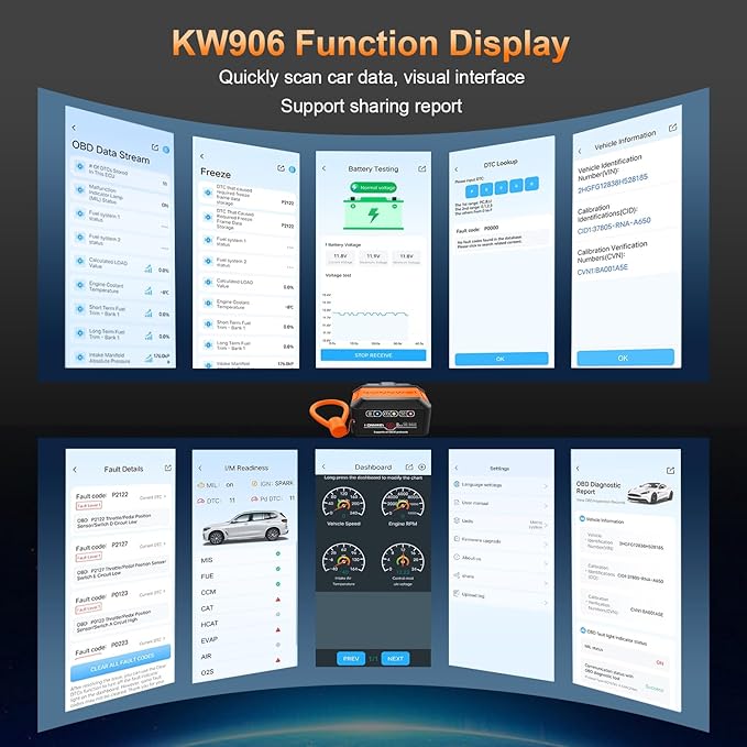 KONNWEI KW906 OBD2 Scanner Bluetooth 5.0 Car Diagnostic Tool – OBDII Code Reader Check Engine Light, Real-Time Data, Free MAXOBD App for iOS & Android, 12V Vehicle Engine Fault Scanner