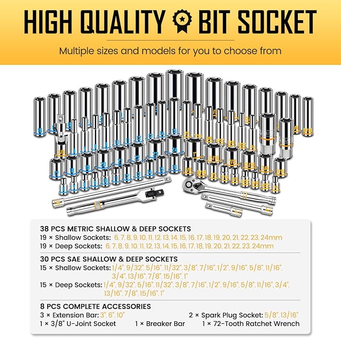 BOEN 3/8-Inch Drive Socket Wrench Set, 76-Piece Metric (6-24mm) & SAE (1/4" to 1"), Deep & Shallow Kit with Embossed & Painted Markings, Ratchet Handle, Spark Plug Sockets, Breaker Bar