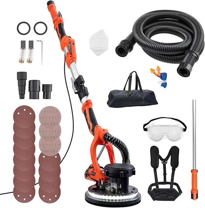 VEVOR Drywall Sander, 1150W Electric Drywall Sander, Popcorn Ceiling Removal Tool with Vacuum Dust Collection, 5 Variable Speed 800-1700 RPM, LED Light, Foldable & Extendable Handle, 15 Sanding Discs