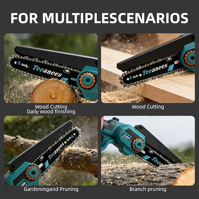 8" Brushless Mini Electric Chainsaw, 1200W Chainsaw Cordless with 4.0Ah Battery & 4 Chains, 2-in-1 Dual Bar (8" & 6") Mini Chain Saw Battery Powered, for Tree Trimming (Blue, 1 Battery)