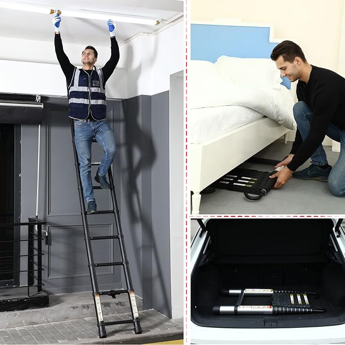 RIKADE Telescopic Ladder, 20.3 ft Aluminum Telescoping Ladder with Stable Hook and Non-Slip Feet, Portable Extension Ladder for Household and Outdoor Working, Max Load 330 lb, Black