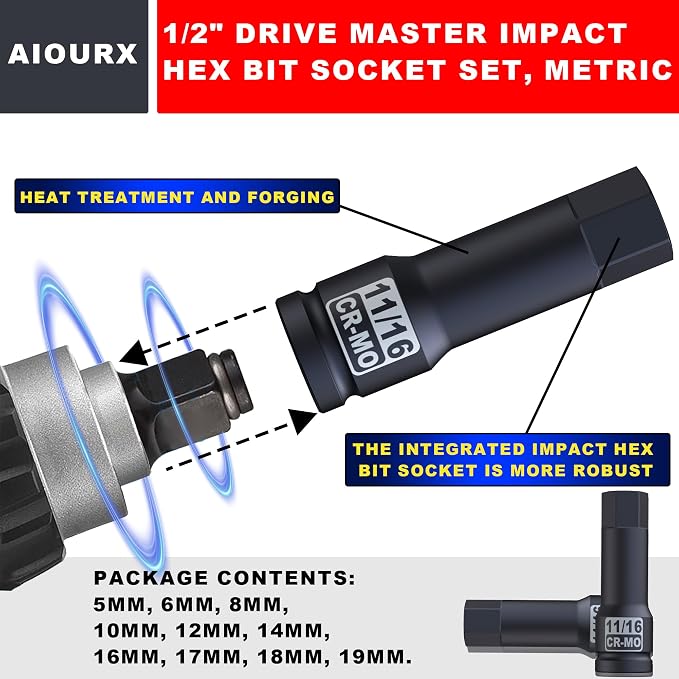 1/2" Drive Master Impact Hex Bit Socket Set, SAE, 10 Pieces 1/2" Drive Impact Allen Bit Socket Set, 1/4" - 3/4", Cr-Mo Steel, Heavy Duty Storage Case