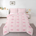 Feelyou Pink Bow Checkered Comforter Set Queen Size Chic Grid Bowknot Bedding Set for Kids Boys Girls Princess Duvet Quilt Bedroom Decor Microfiber 3 Pcs with 2 Pillow Cases