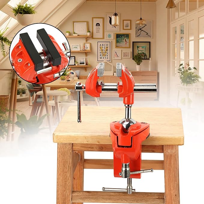 360° Swivel Clamp Bench Vise with Post, Orange for Woodworking DIY