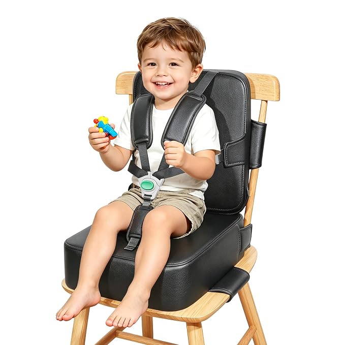 Toddler Booster Seat for Dining Table,Kitchen Chair Booster Cushion | Non-Slip Booster Seat with Backrest and 5 Piont Harness, PU Waterproof Travel Baby Booster Increasing Cushion