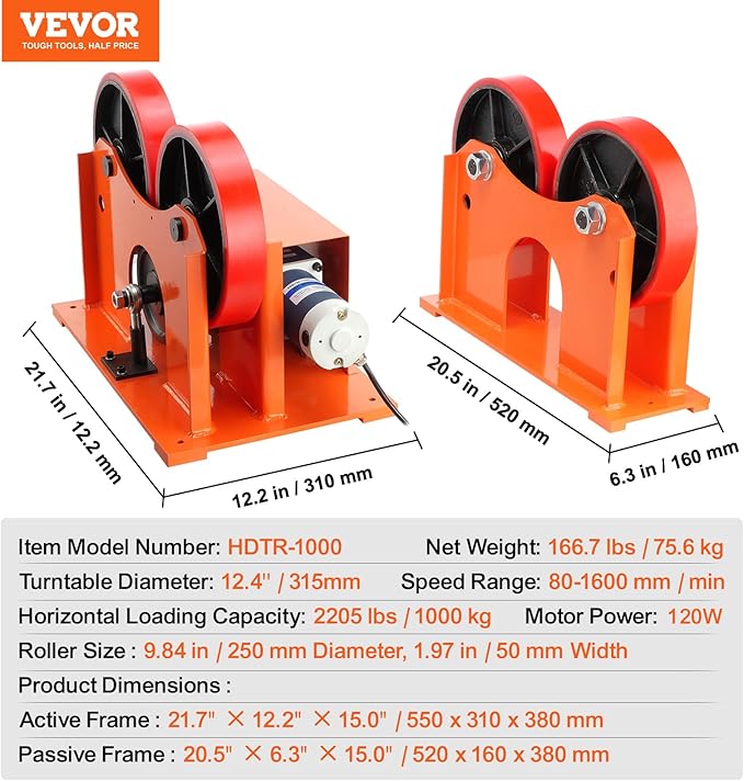 VEVOR 110V Linkage Roller for Welding, Supports 1000KG/2205LBS, Speed 80-1600 mm/min, Adjustable Diameter 25-1400mm, Includes Rotary Positioner & Torch Stand for Enhanced Welding Efficiency