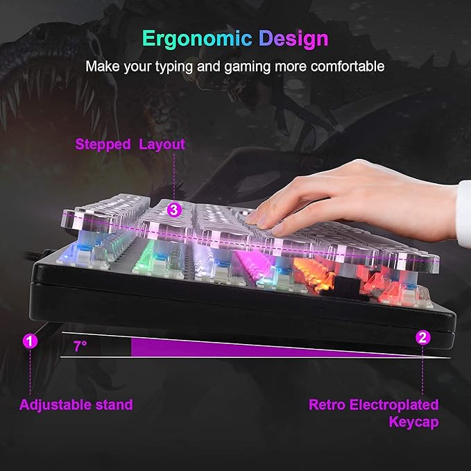 YSCP Typewriter Style Mechanical Gaming Keyboard Rainbow Backlit Wired with Blue Switch Retro Round Keycap 104 Keys Keyboard (L-Black)