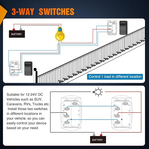 Nilight 3 Way Switch On Off Toggle Rocker Control a Single Load from Two Separate Locations 12V 24V Waterproof 3-Way Switches for RV Camper Can-Am ATVs UTVs Cars Trucks