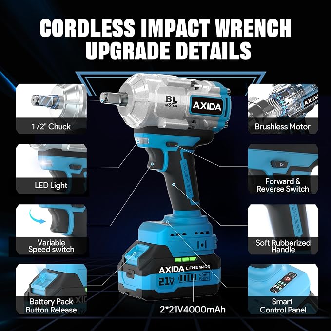 Cordless Impact Wrench with 2 x 4.0Ah Batteries 1107Ft-lbs (1500N.m),1/2" Brushless High Torque Impact Gun, 21V Electric Impact Driver, 3500IPM, 5 Socket,Variable Speeds for Car/Truck RV/Mower