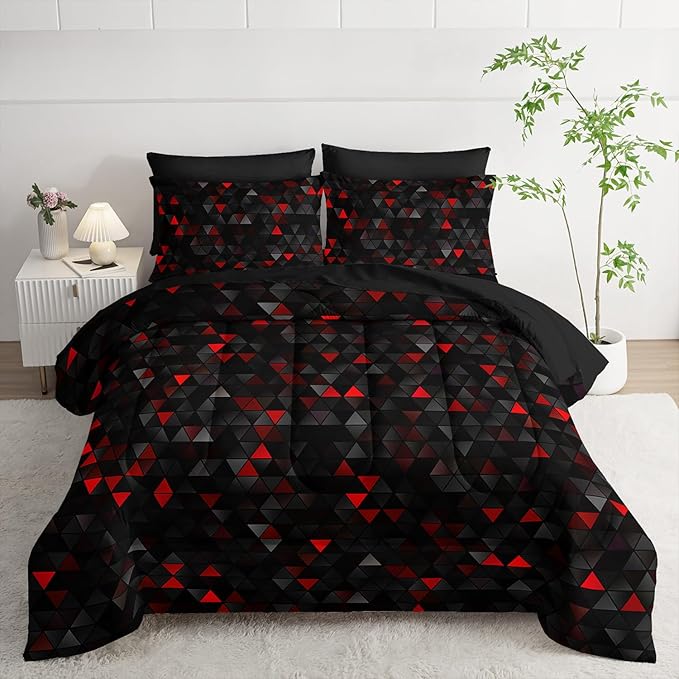 Nttopship Geometric Red Black Triangle King Size Comforter Set,Light Honeycomb Bedding Set 7 Piece in A Bag,Bed Sheet Set Geometry Decor,Microfiber Lightweight All Season