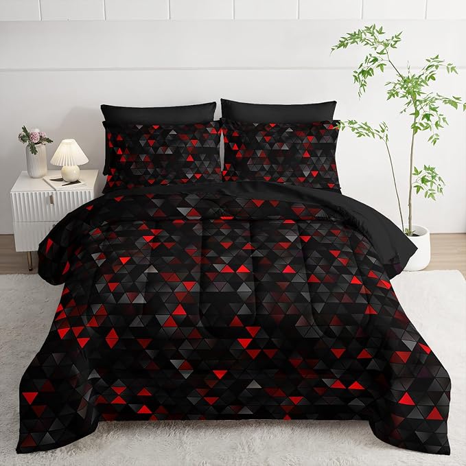Nttopship Geometric Red Black Triangle Twin Size Comforter Set,Light Honeycomb Bedding Set 7 Piece in A Bag,Bed Sheet Set Geometry Decor,Microfiber Lightweight All Season