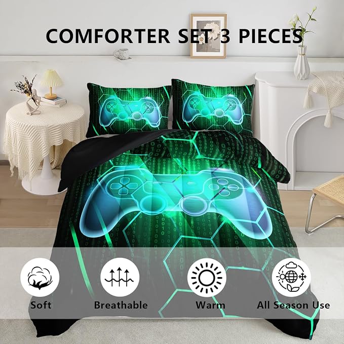Axolotl Gaming Comforter Set Twin Size,Number Video Gaming Gamer Bedding Set,Boys Game Console Comforter Set,Geometry Hexagonal Bedding Set for Teens Men Adults,1 Quilt 2 Pillowcases,Green Black