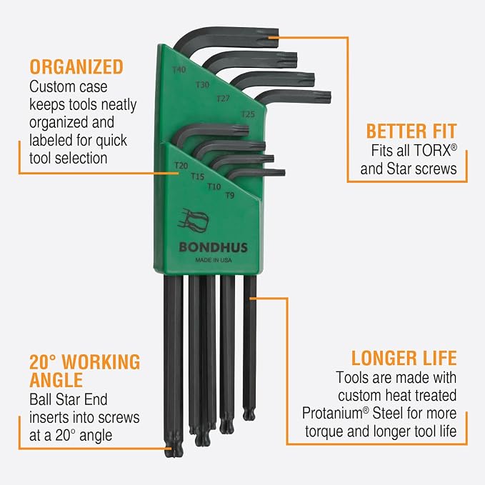 Bondhus 11332 Set of 8 BallStar L-wrenches, sizes T9-T40