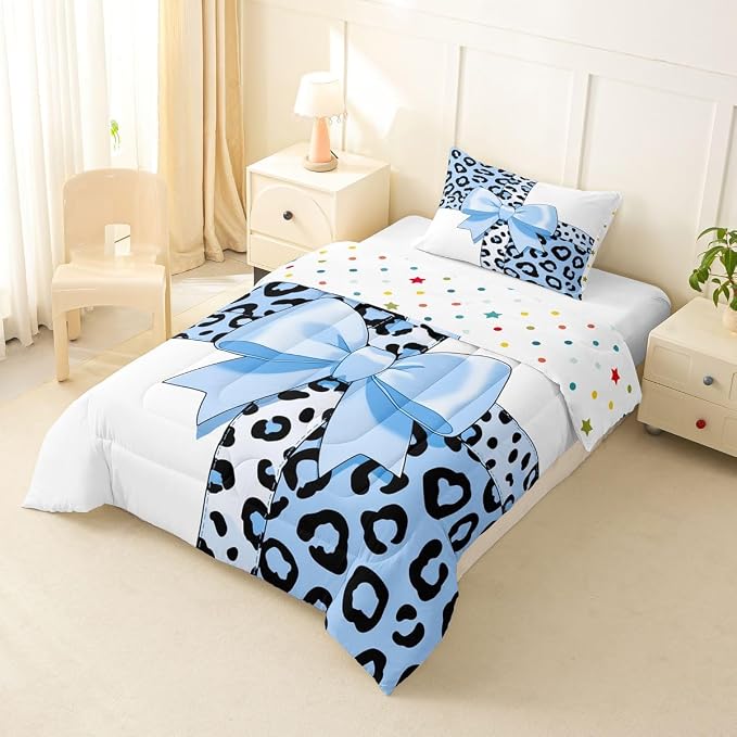 Feelyou Leopard Print Kids Comforter Set Toddler Size Blue Leopard Bow Bedding Set Animal Fur Duvet Quilt for Kids Boys Girls Bedroom Decor Microfiber Ultra Soft Breathable