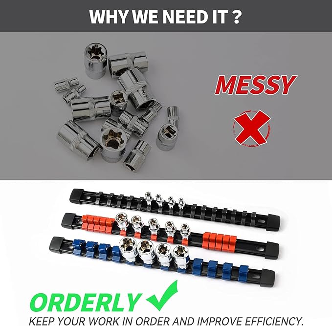 Reniteco 15-Pack Socket Organizer Set, 1/4" x 80 3/8" x 75 1/2" x 60 Clips | 215 Clip Capacity, Havy-Duty ABS Socket Rails, Removable Clips, Drive Socket Storage, Toolbox Drawer or Wall Mount